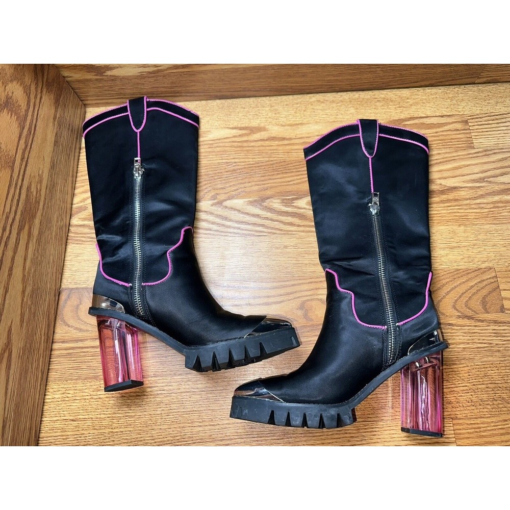 Dolls Kill Wild Hearted Cowboy Boots Neon Pink Black Knee High Women’s Sz 8M
